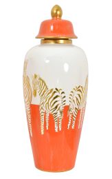 Zebra White Gold and Orange Urn With Lid