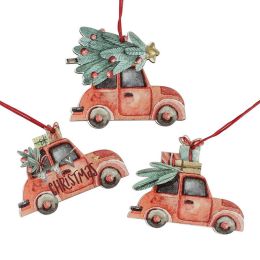 3Pcs Vintage Christmas Truck With Tree Ornaments Wooden