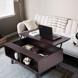 Modern Lift Top Coffee Table with Hidden Compartment and 2 Open Shelves;  Wooden Table Furniture for Home;  Living Room