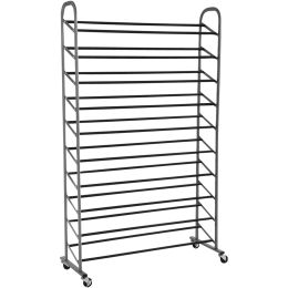 10-tier rolling shoe rack; silver finish; up to 30 pairs of shoes