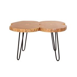 29 Inch Acacia Wood Coffee Table; Live Edge; Quatrefoil Top; Iron Hairpin Legs; Brown and Black