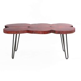 44 Inch Acacia Wood Coffee Table; Quatrefoil Top; Live Edge; Iron Hairpin Legs; Walnut Brown; Black