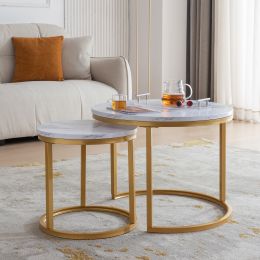 Modern Nesting coffee table; golden metal frame with marble color top-23.6"