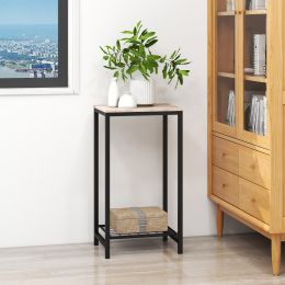 2-Tier End Table; Industrial Side Table Nightstand with Durable Metal Frame; Coffee Table with Mesh Shelves for Living Room; Oak Finish