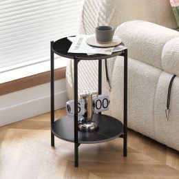 2-layer End Table with Whole Faux Marble Tabletop; Round Coffee Table with Black Metal Frame for Bedroom Living Room Office (black; 1 piece)