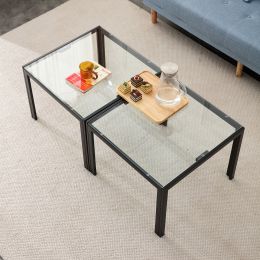 Coffee Table Set of 2; Square Modern Table with Tempered Glass Finish for Living Room; Transparent