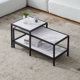 Modern Nesting coffee table Square &amp; rectangle; Black metal frame with wood marble color top