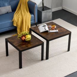 Nesting Coffee Table Set of 2; Square Modern Stacking Table with Wood Finish for Living Room; Rustic Brown