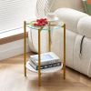 2-layer End Table with Tempered Glass and Faux Marble Tabletop; Round Coffee Table with Golden Metal Frame for Bedroom Living Room Office (1 piece)