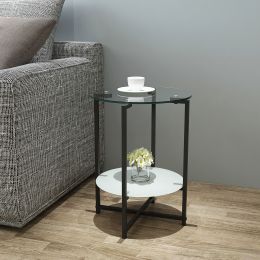 2-layer Tempered Glass End Table; Round Coffee Table for Bedroom Living Room Office