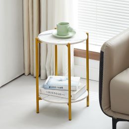 2-layer End Table with Whole Faux Marble Tabletop; Round Coffee Table with Golden Metal Frame for Bedroom Living Room Office (White; 1 piece)