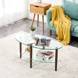 Transparent Oval glass coffee table; modern table in living room Oak wood leg tea table 3-layer glass table