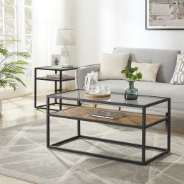 40.16" Glass Coffee Table; 2 Tier Rectangular Modern Center Table; Living Room Table; Black Metal Reversable Chevron Oak and Pine