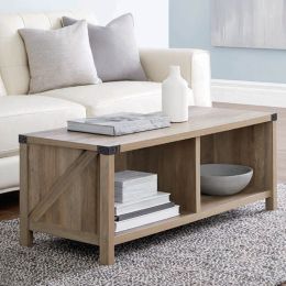 Farmhouse 2-Tier Coffee Table with Shelf; ; Sofa Center Table; Wood Coffee Table for Living Room; Rustic Oak