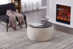 Round Storage Ottoman with Wooden Lid; Circle Ottoman Handmade Ottoman Coffee Table; End Table & Footstool for Living Room Beige