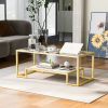 ON-TREND Modern; Minimalist Design Living Room Coffee Table; Metal with Stained White Tempered Glass; 2-Tier Sofa Cocktail Tables; Gold