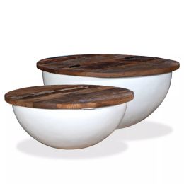 vidaXL 2 Piece Coffee Table Set Solid Reclaimed Wood White Bowl Shape