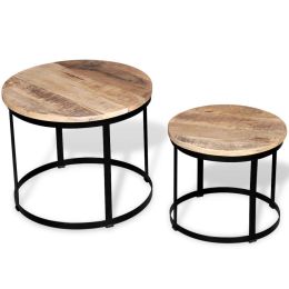 vidaXL Two Piece Coffee Table Set Rough Mango Wood Round 15.7"/19.7"