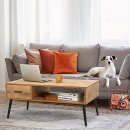 Wooden coffee table; mid century cocktail table feature tv table with drawers; rectangular center table for living room; vintage brown