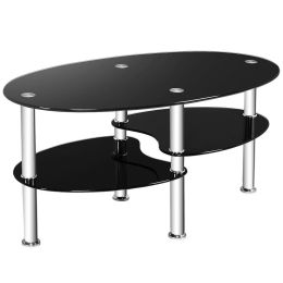 Tempered glass oval edge coffee table frame chrome base living room black