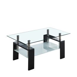 Artisan Center Coffee Table; Tempered Glass Top Stainless Steel Legs for Living Room; Black