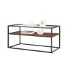 40.16" Glass Coffee Table; 2 Tier Rectangular Modern Center Table; Living Room Table; Black Metal Reversable Walnut and Cement ash