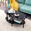 Black Oval glass coffee table; modern table in living room Oak wood leg tea table 3-layer glass table