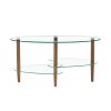 Transparent Oval glass coffee table; modern table in living room Oak wood leg tea table 3-layer glass table