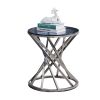 Set of 1 Round Glass Top Side Table for Living Room- Black Grey Tempered Glass & Silver Stainless Steel Frame; 19.5" Modern Spiral Center Table Small