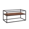 40.16" Glass Coffee Table; 2 Tier Rectangular Modern Center Table; Living Room Table; Black Metal Reversable Walnut and Cement ash