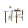 Transparent Oval glass coffee table; modern table in living room Oak wood leg tea table 3-layer glass table