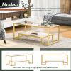 ON-TREND Modern; Minimalist Design Living Room Coffee Table; Metal with Stained White Tempered Glass; 2-Tier Sofa Cocktail Tables; Gold