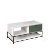 Watson White and Green Wood Coffee Table Steel Frame with Shelves and Drawer