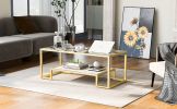 ON-TREND Modern; Minimalist Design Living Room Coffee Table; Metal with Stained White Tempered Glass; 2-Tier Sofa Cocktail Tables; Gold