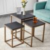 Modern minimalist black MDF end table and side table; three piece combination small coffee table with dark gold metal legs; Square bedside table in li