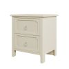 Milky White Rubber Wooden Nightstand Two Drawers Silver Metal Handles for Living Room Guest Room Bedroom