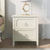 Milky White Rubber Wooden Nightstand Two Drawers Silver Metal Handles for Living Room Guest Room Bedroom