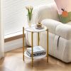 2-layer End Table with Whole Faux Marble Tabletop; Round Coffee Table with Golden Metal Frame for Bedroom Living Room Office (White; 1 piece)