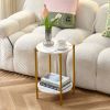 2-layer End Table with Whole Faux Marble Tabletop; Round Coffee Table with Golden Metal Frame for Bedroom Living Room Office (White; 1 piece)