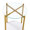 2-layer End Table with Tempered Glass and Faux Marble Tabletop; Round Coffee Table with Golden Metal Frame for Bedroom Living Room Office (1 piece)