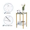 2-layer End Table with Tempered Glass and Faux Marble Tabletop; Round Coffee Table with Golden Metal Frame for Bedroom Living Room Office (1 piece)