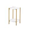 2-layer End Table with Whole Faux Marble Tabletop; Round Coffee Table with Golden Metal Frame for Bedroom Living Room Office (White; 1 piece)