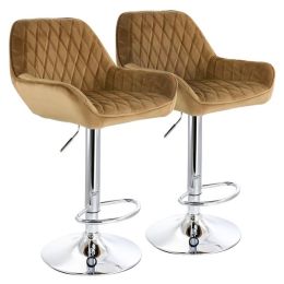 Elama 2 Piece Adjustable Velvet Bar Stools in Camel with Chrome Base