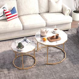 Marble Coffee Table End table 12-gon Shape;  25.6 " White Artificial Marble Top and Black Metal Legs can be used in living room;  outdoor;  anti-tip (Color: Golden White)