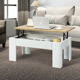 Lift Coffee Table Pop Up Cocktail Table with Hidden Compartments and Shelves White/Brown (Color: White, Material: MDF)