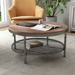 2-Tier Single Panel Round Coffee Table for Living Room and Bedroom; with 3D Texture Metal Frame and Mesh (Color: as picture)