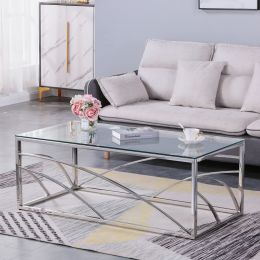 Stainless Steel Rectangular Accent Glass Coffee Table for Living Room- 46.8" Modern Sleek Center Table with Lounge Table with Blue Gray Tempered Glass (Color: as Pic)