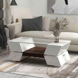 ON-TREND 6mm Glass-Top Coffee Table with Open Shelves and Cabinets; Geometric Style Cocktail Table with Great Storage Capacity; Modernist 2-Tier Cente (Color: as Pic)