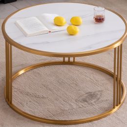 Sintered stone round coffee table with golden stainless steel frame (Color: as Pic)