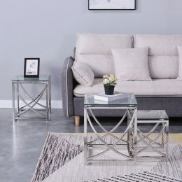 3 Pieces Silver Square Nesting Glass End Tables- Small Coffee Table Set- Stainless Steel Small Coffee Tables with Clear Tempered Glass- 18" Modern Min (Color: as Pic)